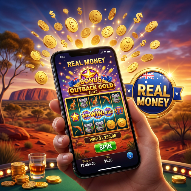 A modern smartphone displaying thrilling online pokies, surrounded by gold coins, representing real money casino games in Australia.