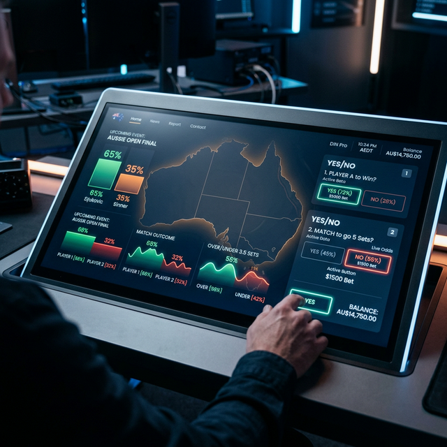 A high-tech digital dashboard showing glowing percentage graphs and Yes/No betting buttons, with a subtle Australian map outline in a sleek, dark-themed interface